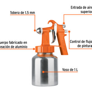 Pistola p/pintar baja presión, 1.5 mm, naranja, entrada superior
